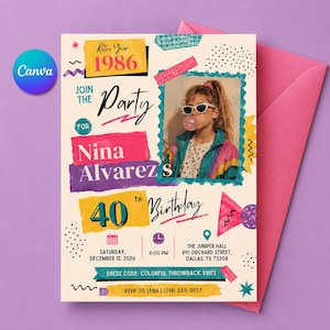 May include: A rectangular birthday party invitation card featuring a 1980s-inspired design with colorful paper-like cutouts, geometric shapes, and a photo of a person wearing sunglasses and blowing a bubble. Text includes Nina Alvarez's 40th Birthday.