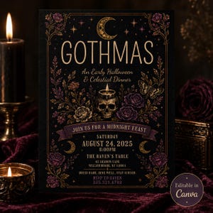 May include: A black rectangular invitation card featuring the text GOTHMAS, An Early Halloween & Celestial Dinner, and JOIN US FOR A MIDNIGHT FEAST. The design includes a skull with a candle, crescent moons, stars, butterflies, and purple roses.