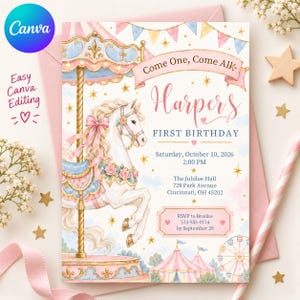 May include: A birthday invitation card featuring a white carousel horse with a pink bow, gold accents, and pastel bunting. The text reads: Come One, Come All, Harper's FIRST BIRTHDAY, Saturday, October 10, 2026, 2:00 PM, The Jubilee Hall, 728 Park Avenue, Cincinnati, OH 45202, RSVP to Brooke 513-555-0174 by September 28.