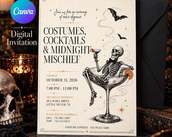 Inbjudan till Halloween-cocktailparty | Redigerbar inbjudan till maskeradparty | Spöklik elegant Halloween-canvamall för vuxna | Digital inbjudan