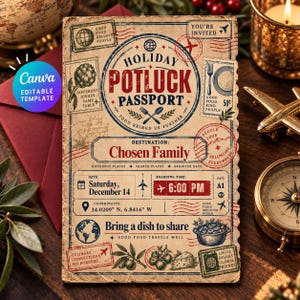 May include: A rectangular Holiday Potluck Passport invitation card with a vintage travel theme. The text reads Holiday Potluck Passport, Destination: Chosen Family, Saturday, December 14, 6:00 PM, and Bring a dish to share. It features stamps, a globe, and food illustrations.