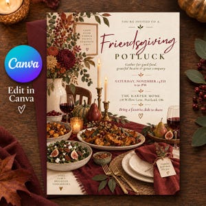 May include: A Friendsgiving potluck invitation card featuring a table setting with autumn flowers, candles, and food. Text includes: You're invited to a Friendsgiving Potluck, Saturday, November 14th, 6:30 PM, The Harper Home, 218 Willow Lane, Portland, OR.