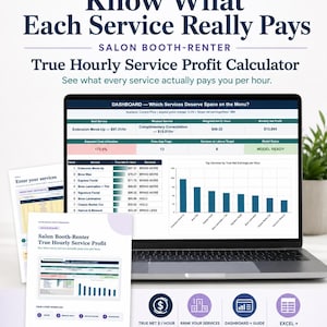 May include: A digital spreadsheet tool for salon booth renters titled Know What Each Service Really Pays, featuring a laptop displaying a dashboard with service profit data, charts, and a ranking table, alongside printed guide pages and icons.