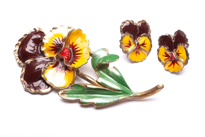 Vintage Enamel Pansy Flower Brooch Pin Clip Earring Set
