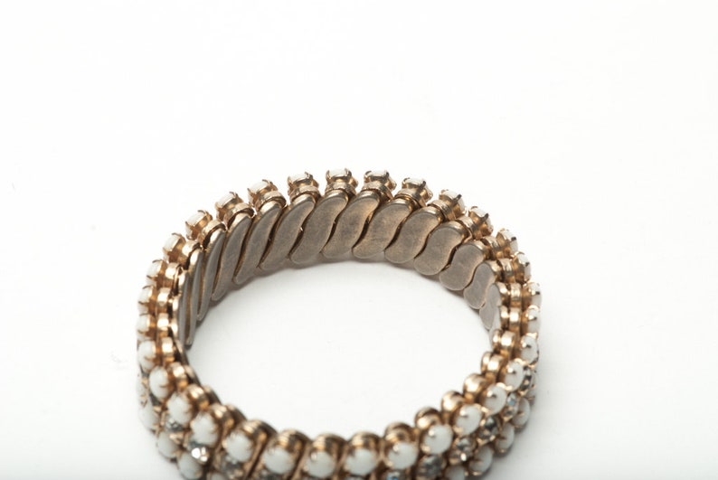 Vintage White Milk Glass Expansion Bracelet Rhinestones Mid Century 1940s
