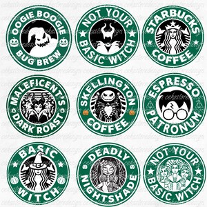Peut inclure: Un ensemble de neuf autocollants circulaires verts et blancs représentant divers personnages de la culture populaire et du texte. Les motifs incluent Oogie Boogie Bug Brew, Not Your Basic Witch, Starbucks Coffee, Maleficent's Dark Roast, Skellington Coffee, Espresso Patronum, Basic Witch, Deadly Nightshade et Not Your Basic Witch.