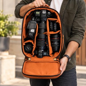 May include: A black camera backpack with a vibrant orange interior, featuring multiple padded compartments organized to hold several camera bodies, various lenses, and small accessories securely in place for transport and storage.
