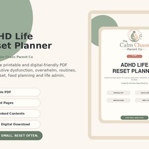 Puede incluir: ADHD Life Reset Planner de The Calm Chaos Parent Co. Este PDF imprimible y digital de 184 páginas incluye páginas sin fecha, contenido con hipervínculos y descarga instantánea. El diseño presenta acentos en verde salvia y rosa suave.