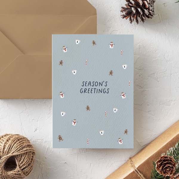 Micro Christmas Card Set of 10 or 25 | Gingerbread Candy Cane Snowman Cocoa Season's Greetings Holiday Cute Modern Christmas Card Boxed Set