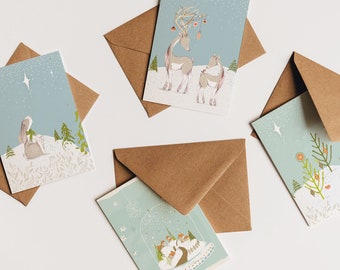 Woodland Winter Christmas Card Boxed Set of 12 or 28 | Woodland Animals Deer Trees Bunny Snowglobe Cute Holiday Modern Cards Pack