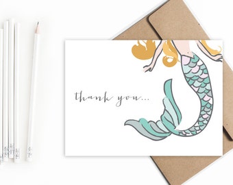 Mermaid Thank You cards. Mermaid theme thank you notes. Birthday thank you cards. Mermaid birthday party