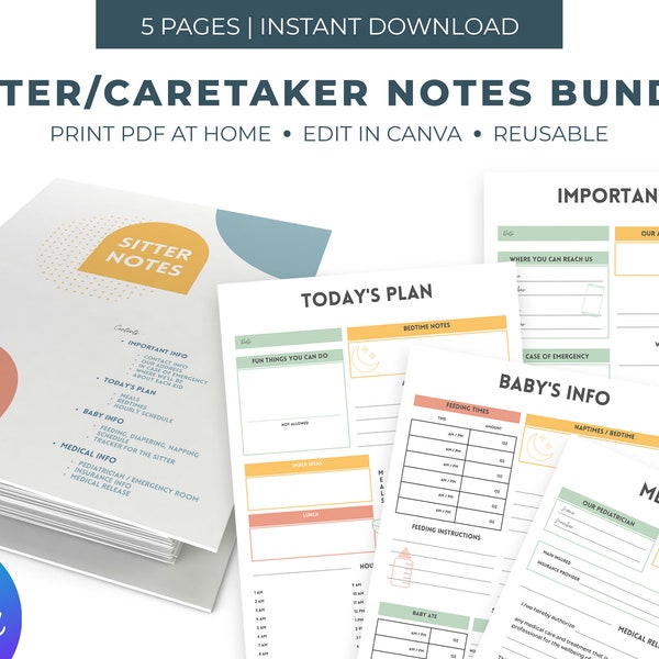 Babysitter Caregiver Info Sheets | Downloadable Babysitter Nanny Childcare Information Binder Planner Tracker Babies & Kids, Edit in Canva