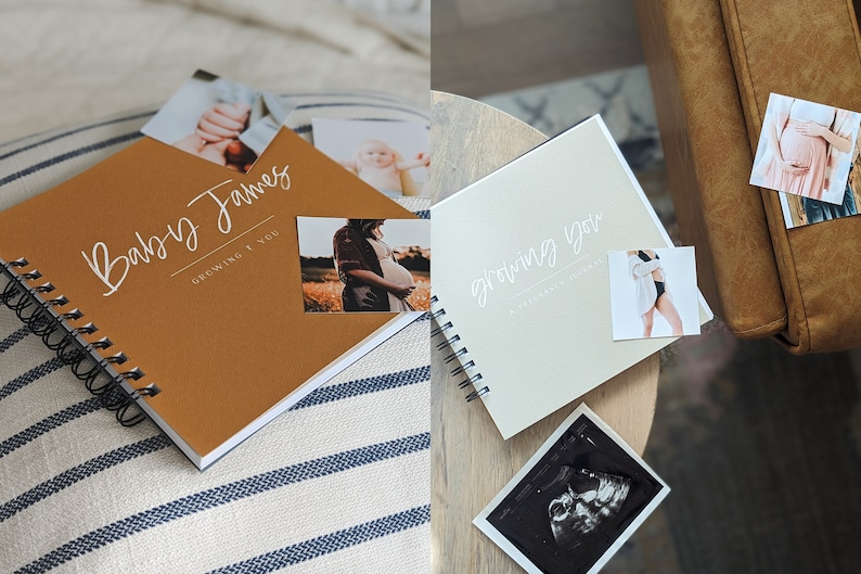 K&ouml;nnte beinhalten: Zwei quadratische spiralgebundene Journale mit strukturierten Einb&auml;nden. Das linke Journal ist senfgelb mit wei&szlig;em Text Baby James GROWING T YOU. Das rechte Journal ist hellbeige mit wei&szlig;em Text growing you A PREGNANCY JOURNAL.