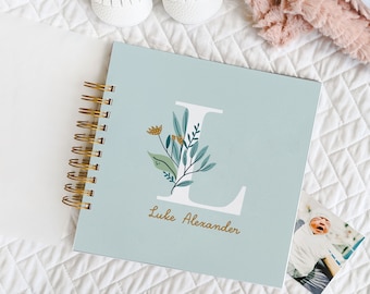 Personalized Baby Book: Blue Floral Initial | Modern Baby Shower Pregnancy Gift First Year Journal, Same Sex Gay Lesbian Friendly