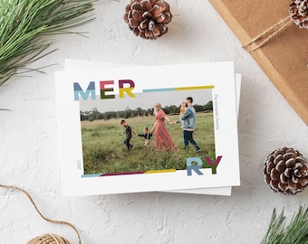 Modern Colorful Merry Holiday Photo Card | Photo Personalized Digital Christmas Holiday Cards, Christmas Holiday cards set