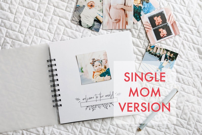 May include: A white spiral bound photo album with a black spine. The album is open to a blank page with a small photo of a baby girl in a floral headband. The text "welcome to the world" is written in black ink on the page. The album is on a white quilted surface with other photos scattered around it. The text "SINGLE MOM VERSION" is written in red letters on a white card.