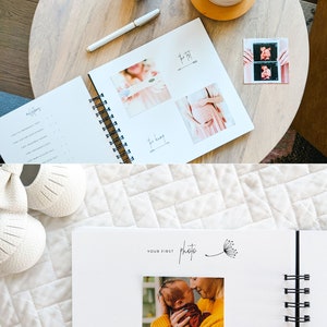 K&ouml;nnte beinhalten: Ein spiralgebundenes Schwangerschaftstagebuch mit wei&szlig;en Seiten, die gedruckten Text wie milestones, the test, the bump und your first photo enthalten. Die Seiten zeigen aufgeklebte Fotos eines Schwangerschaftstests, eines Babybauchs und eines Neugeborenen.