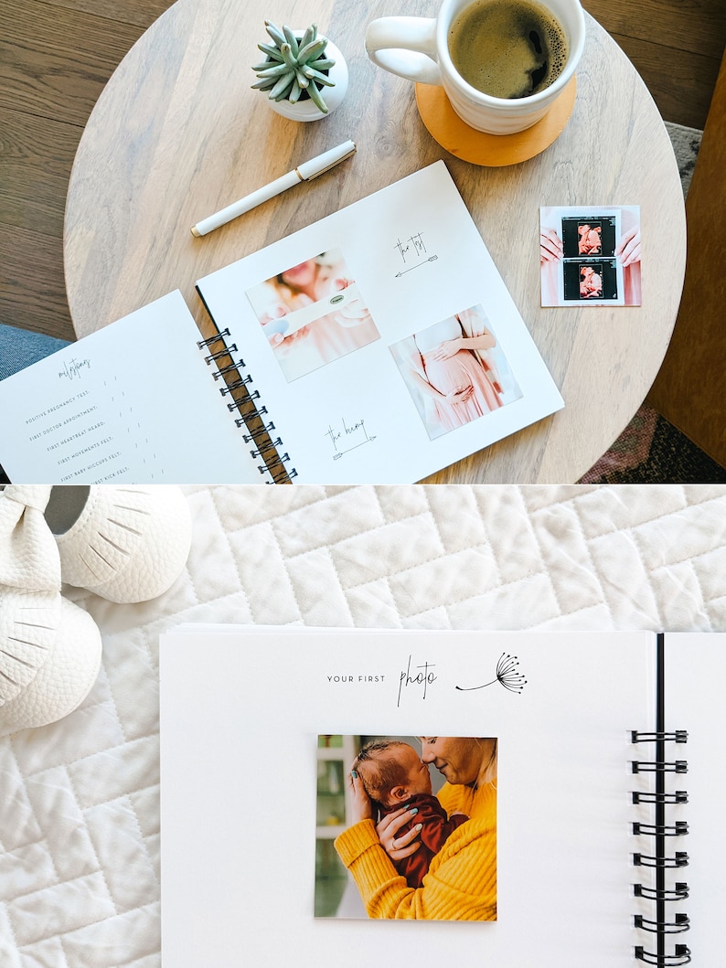 K&ouml;nnte beinhalten: Ein spiralgebundenes Schwangerschaftstagebuch mit wei&szlig;en Seiten, die gedruckten Text wie milestones, the test, the bump und your first photo enthalten. Die Seiten zeigen aufgeklebte Fotos eines Schwangerschaftstests, eines Babybauchs und eines Neugeborenen.