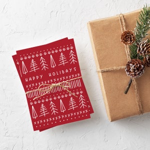 Juego de 10 o 25 tarjetas con diseño de árbol de Navidad escandinavo. Tarjeta navideña moderna, linda y sin fotografías de árboles rojos de Nordic Holiday
