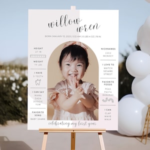Gebogen eerste verjaardag mijlpaal poster | Bewerken in Canva, moderne 1e verjaardag teken één jaar foto baby mijlpaal partij afdrukbare sjabloon
