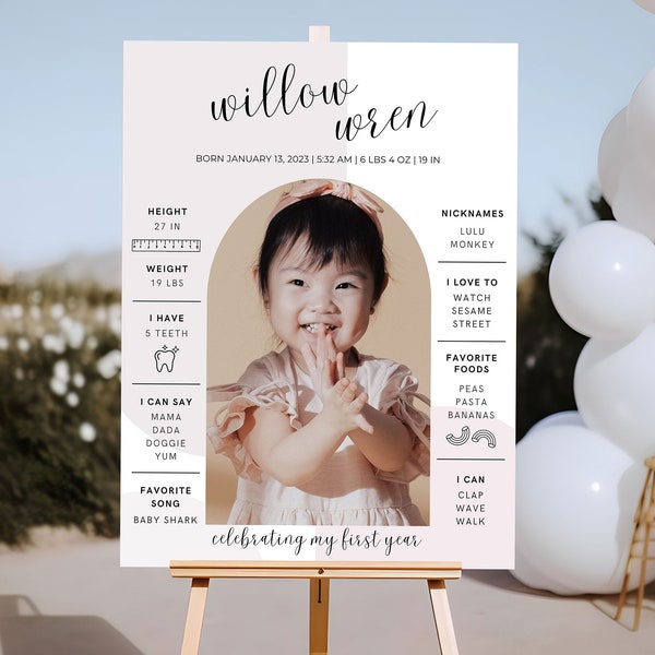 Arched First Birthday Milestone Poster | Edit in Canva, Modern 1st Birthday Sign One Year Photo Baby Milestone Party Printable Template