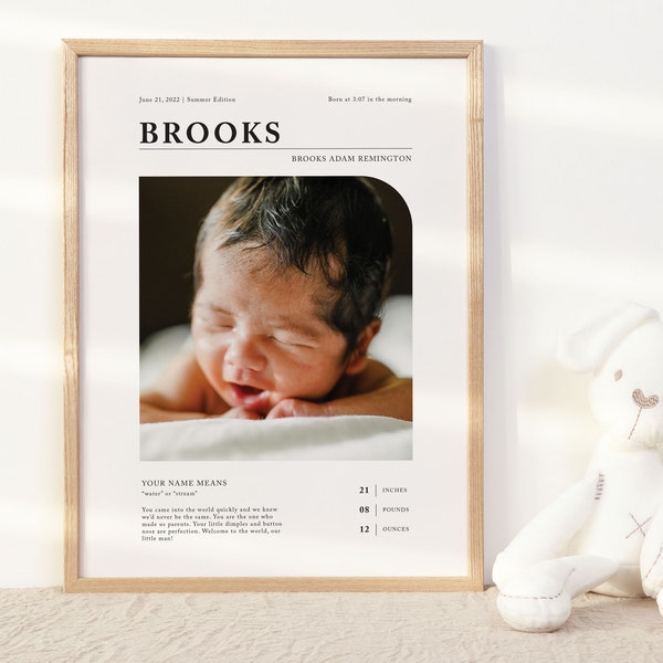 Newborn Birth Stats Modern Magazine Art Print | Newborn Poster, New Baby New Mom Personalized Gift, Birth Announcement Custom Nursery Art