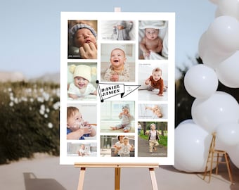 Editable Pennant First Birthday Milestone Poster | Modern 1st Birthday Sign One Year Photo Baby Monthly Milestone Party Printable Template