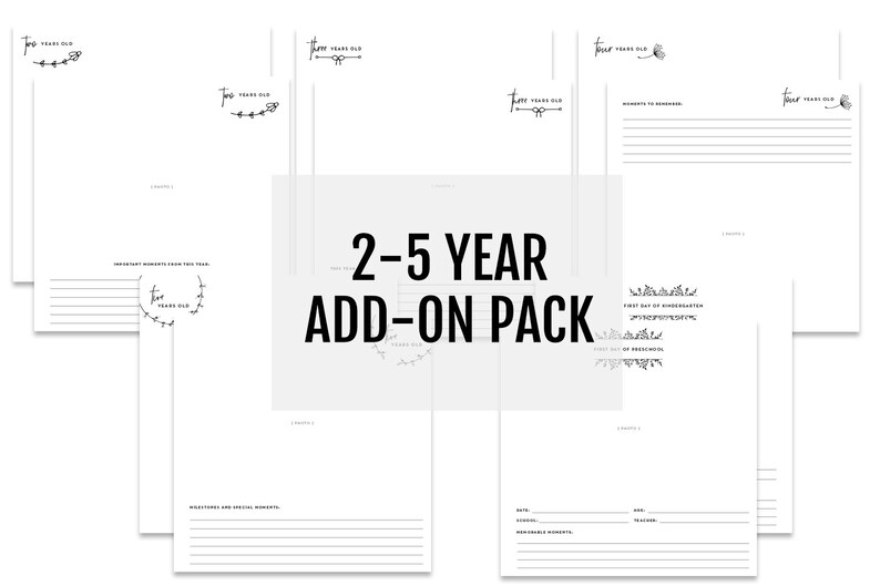 May include: A set of printable pages for a baby memory book, featuring a black and white floral design and the text "Two Years Old". The pages are designed to record important moments from the child's second year of life.