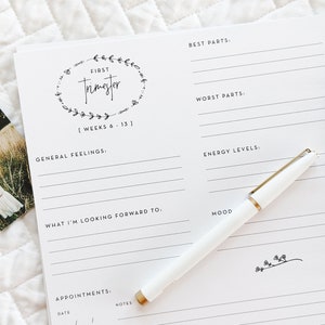 Puede incluir: Un diario blanco con una corona floral negra y el texto "FIRST TRIMESTER" y "WEEKS 6-13". El diario tiene secciones para "BEST PARTS", "WORST PARTS", "GENERAL FEELINGS", "ENERGY LEVELS", "WHAT I'M LOOKING FORWARD TO", "MOOD" y "APPOINTMENTS".
