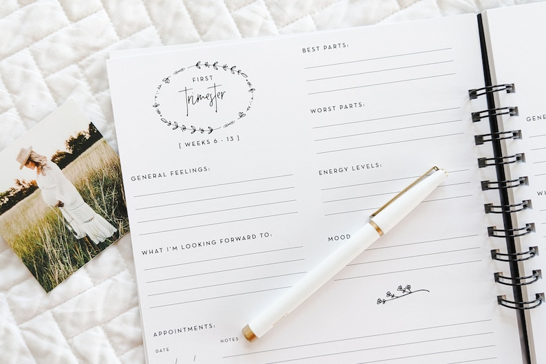 Puede incluir: Un diario blanco con una corona floral negra y el texto "FIRST TRIMESTER" y "WEEKS 6-13". El diario tiene secciones para "BEST PARTS", "WORST PARTS", "GENERAL FEELINGS", "ENERGY LEVELS", "WHAT I'M LOOKING FORWARD TO", "MOOD" y "APPOINTMENTS".