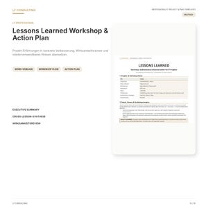 May include: A digital document template titled Lessons Learned Workshop & Action Plan by LF Consulting. The page features sections for project data, workshop flow, and action plans, with text in German detailing IT project management processes.