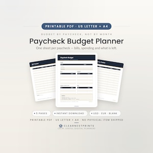 Peut inclure: Un planificateur budgétaire imprimable au format PDF, disponible en tailles US Letter et A4. Le document présente une feuille de budget centrale entourée d'un suivi des factures et des dépenses. Texte : Paycheck Budget Planner, 5 pages.