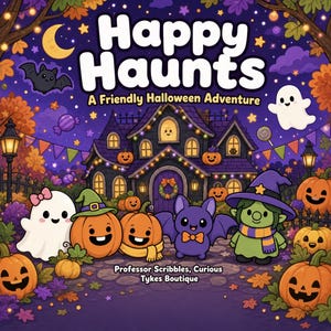 Puede incluir: Una portada de libro titulada Happy Haunts: A Friendly Halloween Adventure que muestra una casa encantada morada, un fantasma blanco, dos calabazas sonrientes, un murciélago morado y una bruja verde, con el texto Professor Scribbles, Curious Tykes Boutique.