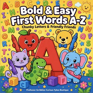 Puede incluir: Una portada de libro de actividades para niños titulada Bold & Easy First Words A-Z, con una letra A roja grande, una manzana sonriente, un oso de peluche, un gato morado, un dinosaurio verde y un elefante azul sosteniendo crayones.