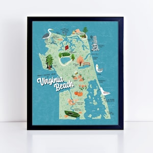 Print of an illustrated Virginia Beach in a black frame. This image shows what the print looks like in a frame. The print does not come with a frame.