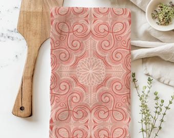 Pink Scroll Flour Sack Tea Towel — 100% Cotton Quick Drying Absorbent Towel — Housewarming Gift