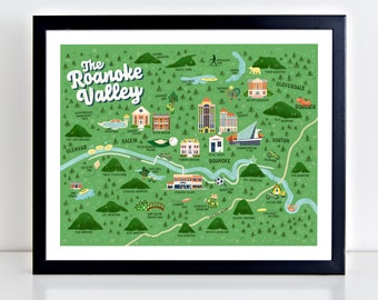 Roanoke Valley Art Print: geïllustreerde kaart