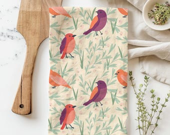 Spring Birds Flour Sack Tea Towel — 100% Cotton Quick Drying Absorbent Towel — Housewarming Gift