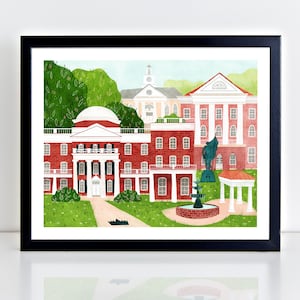 Puede incluir: Una ilustración de acuarela de un edificio de ladrillo rojo con una cúpula blanca y columnas. El edificio está rodeado de árboles verdes y una fuente. Hay una estatua de una persona sosteniendo una bandera frente al edificio.