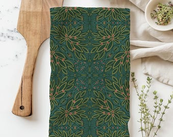 Green Floral Flour Sack Tea Towel: Absorbent Cotton Kitchen Decor