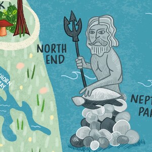 Op de afbeelding: Een handgetekend kaartje met een grijs en wit beeld van een man die een drietand vasthoudt. Het beeld zit op een stapel stenen. Op de kaart staan de woorden "North End" en "Neptune Park".