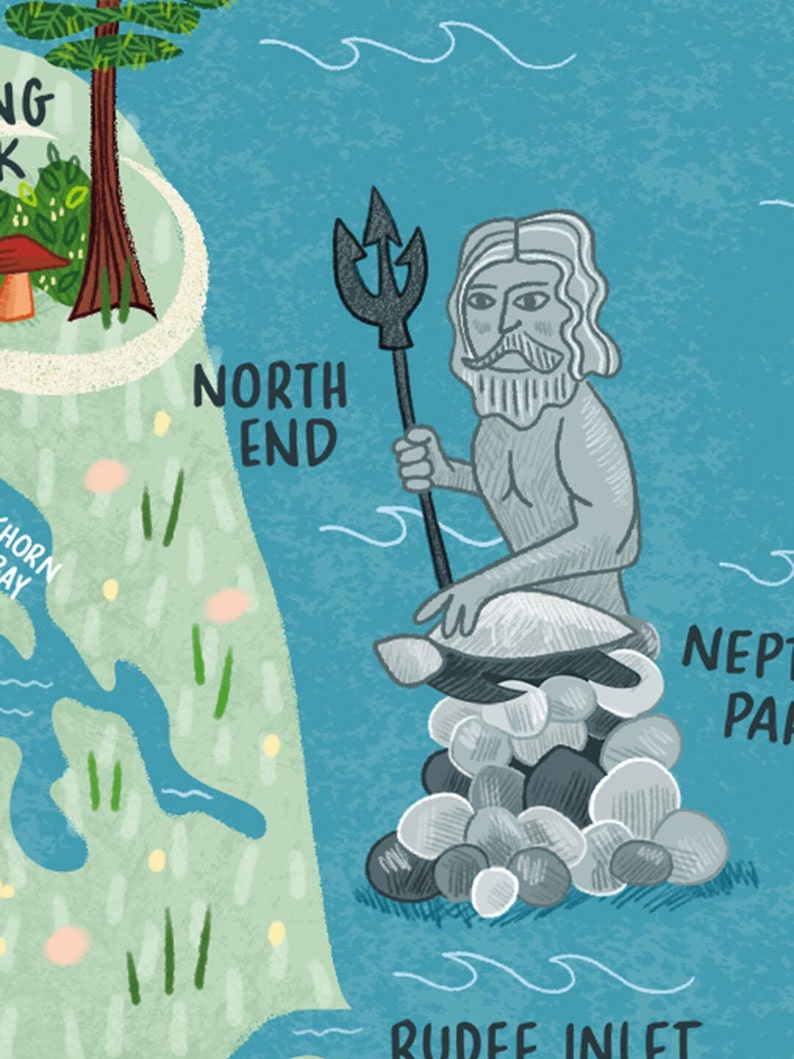 Op de afbeelding: Een handgetekend kaartje met een grijs en wit beeld van een man die een drietand vasthoudt. Het beeld zit op een stapel stenen. Op de kaart staan de woorden "North End" en "Neptune Park".