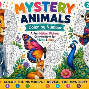 May include: A colour-by-number activity book cover titled MYSTERY ANIMALS featuring illustrations of a lion, owl, butterfly, elephant, fox, and peacock. Each animal is half-coloured and half-outlined with numbered sections for colouring.