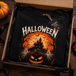 Maglietta di Halloween con casa stregata PNG / Maglietta con grafica spettrale di zucca e fantasma / PNG autunnale / PNG di Halloween / (Download digitale)