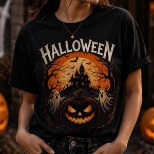 Pode incluir: Uma t-shirt preta com uma estampa gráfica que apresenta a palavra HALLOWEEN em letras brancas. O design inclui uma lua cheia laranja, a silhueta escura de uma casa assombrada, árvores sem folhas, dois fantasmas brancos e uma abóbora.