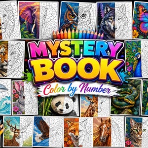 Può includere: Un libro di colorazione per numeri intitolato Mystery Book che presenta varie illustrazioni di animali, ciascuna divisa in un lato colorato e un lato con contorni numerati. La collezione include un leone, elefante, gufo, lupo, farfalla, tigre, pavone, delfino, coniglio, panda, giraffa, serpente, pappagallo, cervo, aquila, volpe, cavallo e gatto.