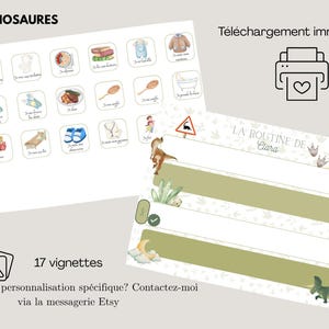 Può includere: Una tabella stampabile della routine quotidiana per bambini a tema dinosauri con il testo LA ROUTINE DE Ciara, accompagnata da un foglio di 17 piccole icone quadrate che raffigurano varie attività quotidiane come lavarsi, mangiare e dormire con etichette in francese.