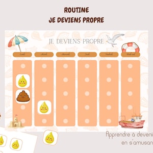 Peut inclure: Un tableau d'apprentissage de la propreté intitulé ROUTINE JE DEVIENS PROPRE avec des colonnes pour les jours de la semaine. Il présente des illustrations sur le thème de la plage, un parasol, une mouette, une bouée et un bateau, avec des autocollants.