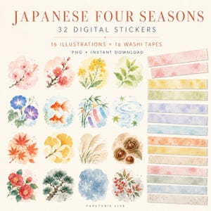 Puede incluir: Un conjunto de pegatinas digitales titulado JAPANESE FOUR SEASONS 32 DIGITAL STICKERS que incluye 16 ilustraciones en acuarela de flora, fauna y elementos estacionales, junto a 16 tiras de cinta washi en varios colores pastel.