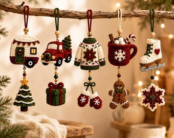 Puede incluir: Cinco adornos navideños de ganchillo colgados de una rama. El conjunto incluye una caravana, un camión rojo con un árbol, un suéter, una taza con cacao y un patín de hielo. Cada adorno tiene un colgante, incluyendo un árbol, regalo, manoplas, hombre de jengibre y copo de nieve.